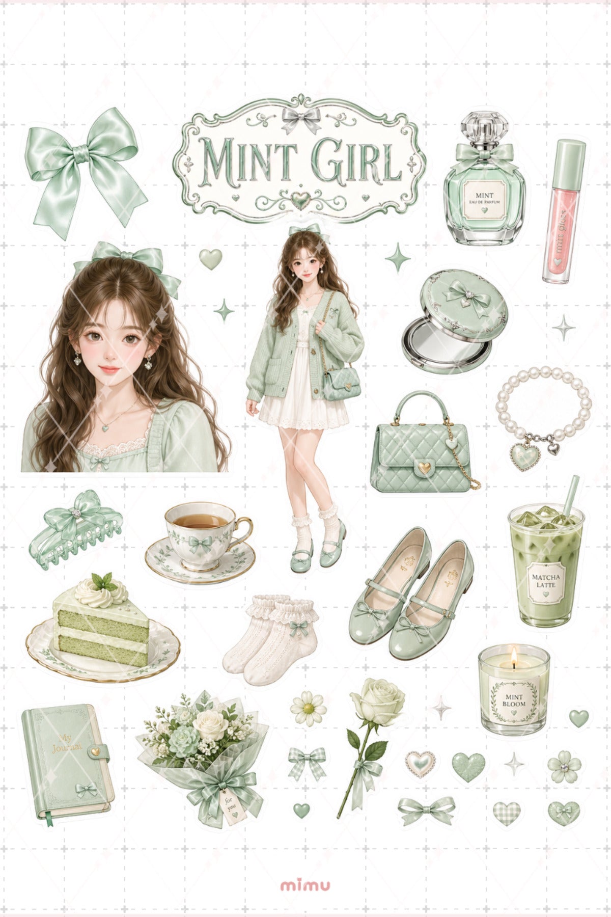 Mint Girl Sticker Seti Yeşil Fiyonk Kız Temalı 2li Dekoratif Etiket - 2