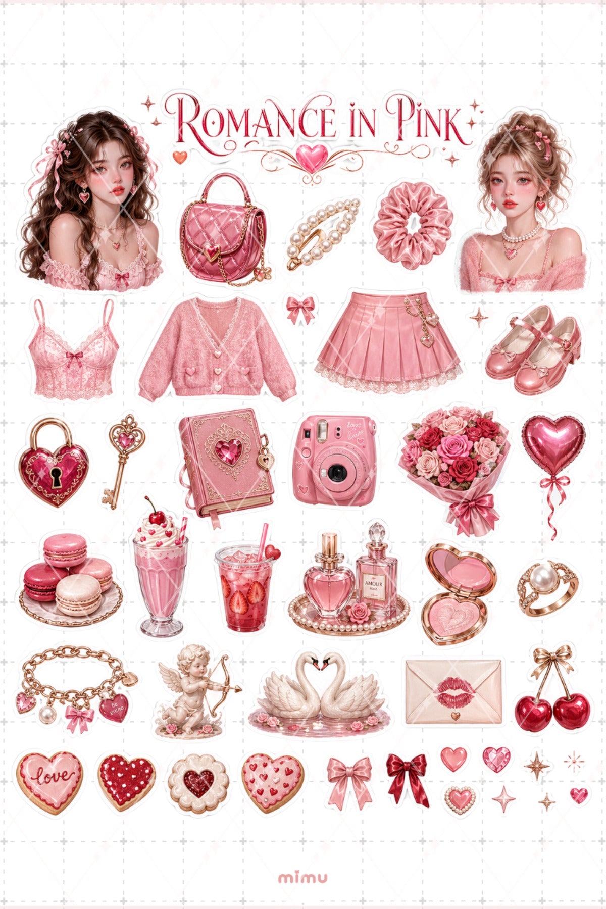 Lovecore Sweethearts Sticker Seti Romantik Pembe Kalp Kolaj Temalı 2li Etiket
