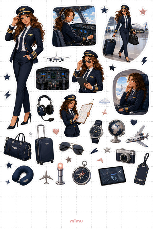 Pilot Kız Sticker Seti Havacılık Seyahat Temalı Dekoratif 2'li Etiket