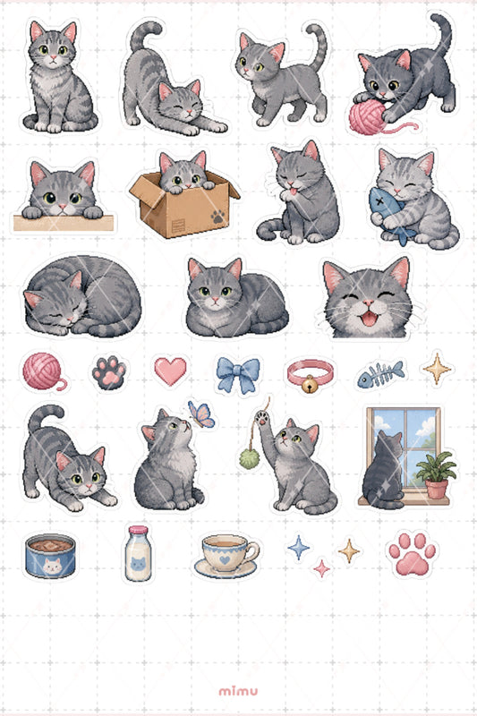 Pixel Art Gri Kedi Sticker Seti Grey Cat Patili Dost Temalı Dekoratif 2'li Etiket