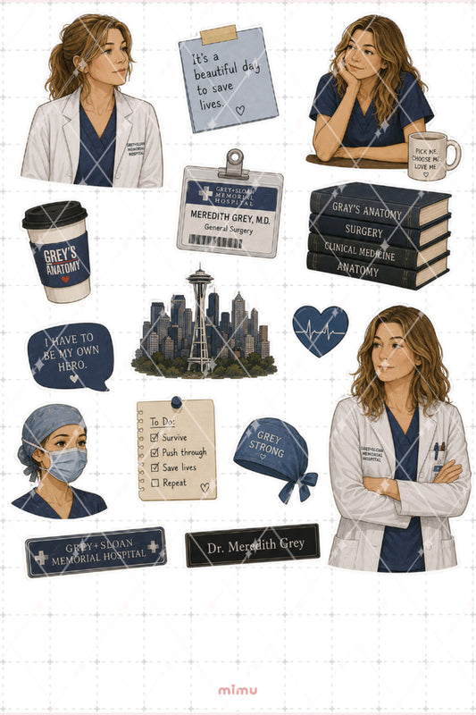 Meredith Grey Sticker Seti Grey Sloan Hastanesi ve Cerrahlık Temalı Dekoratif 2'li Etiket