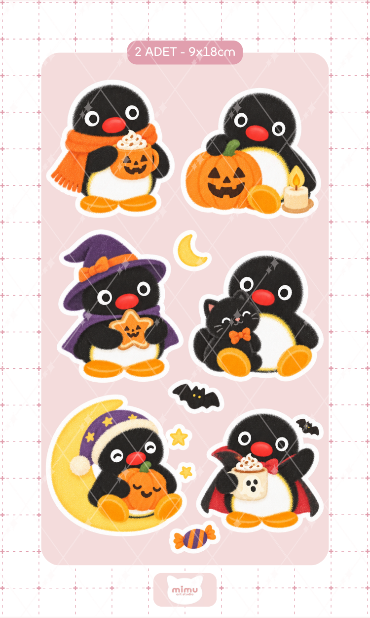 Pingu Halloween Gecesi Sticker Seti Cadı ve Balkabağı Temalı Dekoratif Etiket 2 Adet