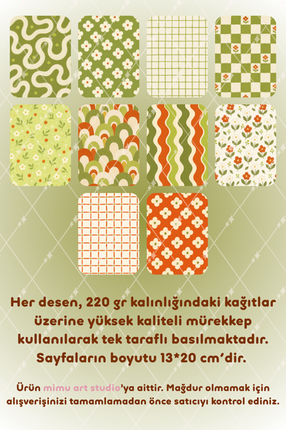 Turuncu Çiçek Yeşil Ekose Dalga Desenli Kağıt Seti Scrapbook Kağıdı (220 gr) Ajanda Günlük Kolaj Junk Journal Bullet Journal Kağıtları