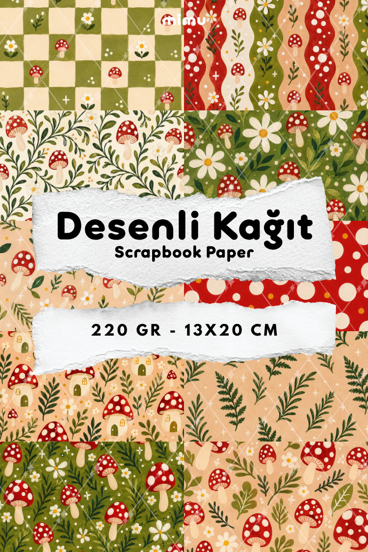 Kırmızı Mantar Papatya Orman Ekose Desenli Kağıt Seti Scrapbook Kağıdı (220 gr) Ajanda Günlük Kolaj Junk Journal Bullet Journal Kağıtları