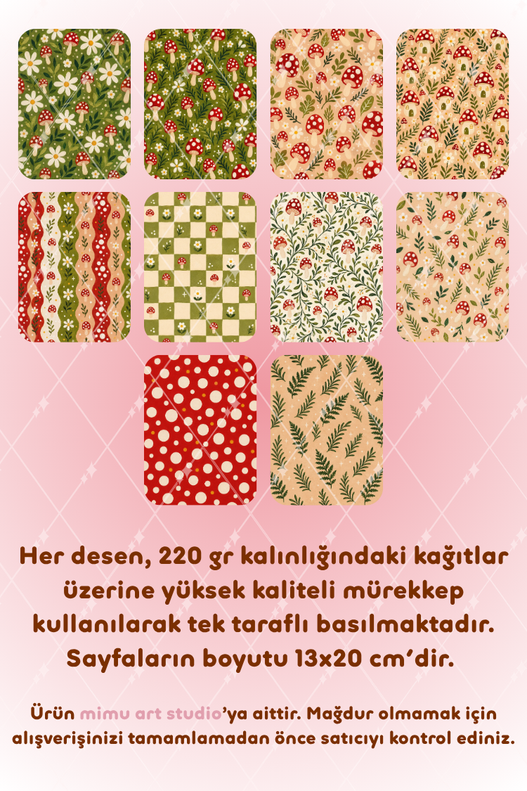 Kırmızı Mantar Papatya Orman Ekose Desenli Kağıt Seti Scrapbook Kağıdı (220 gr) Ajanda Günlük Kolaj Junk Journal Bullet Journal Kağıtları