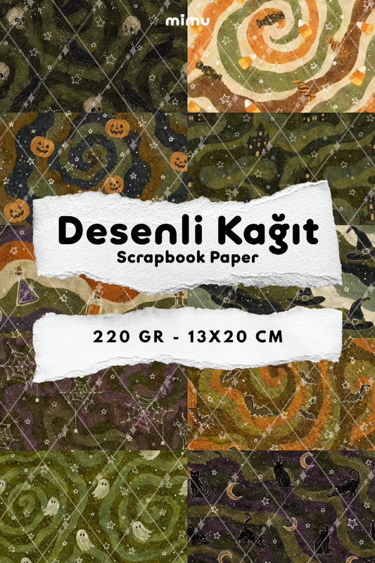 Vintage Cadılar Bayramı Balkabağı Hayalet Kedi Desenli Kağıt Seti Scrapbook Kağıdı (220 gr) Ajanda Günlük Kolaj Junk Journal Bullet Journal Kağıtları