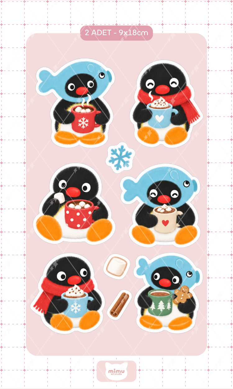 Pingu Cozy Kış Günleri Sticker Seti Atkı ve Kış Kombini Temalı Dekoratif Etiket 2 Adet