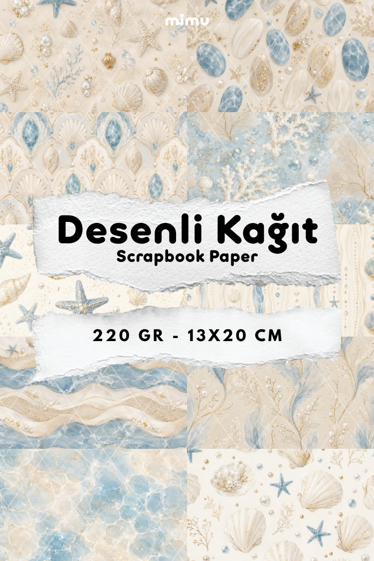 Deniz Kabuğu Deniz Yıldızı İnci Mercan Desenli Kağıt Seti Scrapbook Kağıdı (220 gr) Ajanda Günlük Kolaj Junk Journal Bullet Journal Kağıtları
