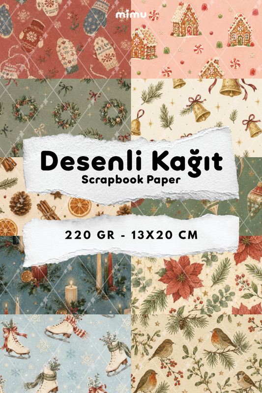 Eldiven Zencefilli Ev Çelenk Çan Atatürk Çiçeği Noel Desenli Kağıt Seti Scrapbook Kağıdı (220 gr) Ajanda Günlük Kolaj Junk Journal Bullet Journal Kağıtları