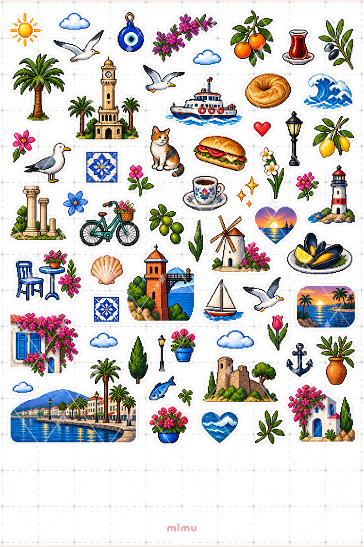İzmir Pixel Art Sticker Seti Şehir Temalı Dekoratif 2'li Etiket