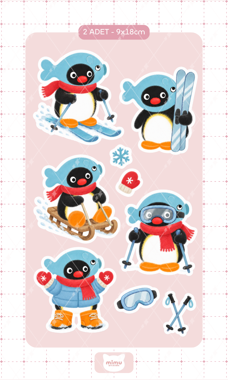 Pingu Kış Sporları Sticker Seti Kayak ve Kış Aktiviteleri Temalı Dekoratif Etiket 2 Adet