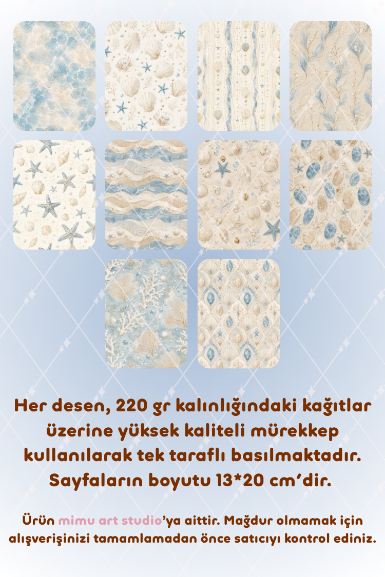Deniz Kabuğu Deniz Yıldızı İnci Mercan Desenli Kağıt Seti Scrapbook Kağıdı (220 gr) Ajanda Günlük Kolaj Junk Journal Bullet Journal Kağıtları