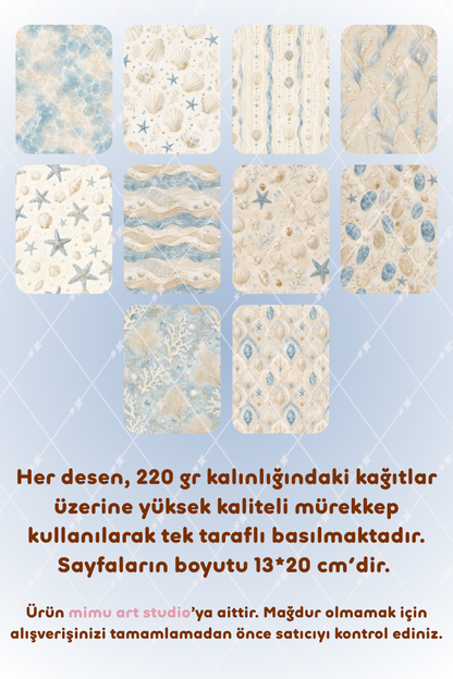 Deniz Kabuğu Deniz Yıldızı İnci Mercan Desenli Kağıt Seti Scrapbook Kağıdı (220 gr) Ajanda Günlük Kolaj Junk Journal Bullet Journal Kağıtları