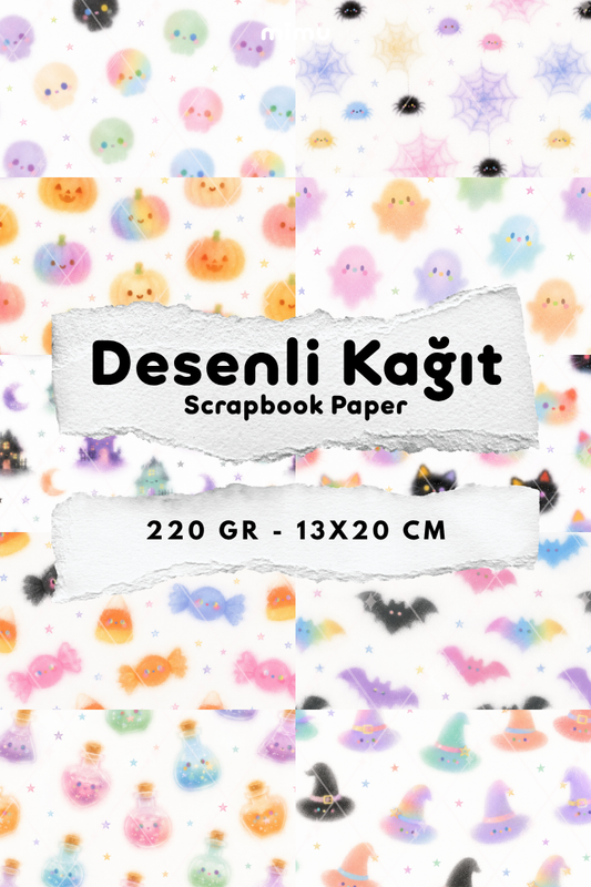 Pastel Cadılar Bayramı Hayalet Balkabağı Örümcek Desenli Kağıt Seti Scrapbook Kağıdı (220 gr) Ajanda Günlük Kolaj Junk Journal Bullet Journal Kağıtları
