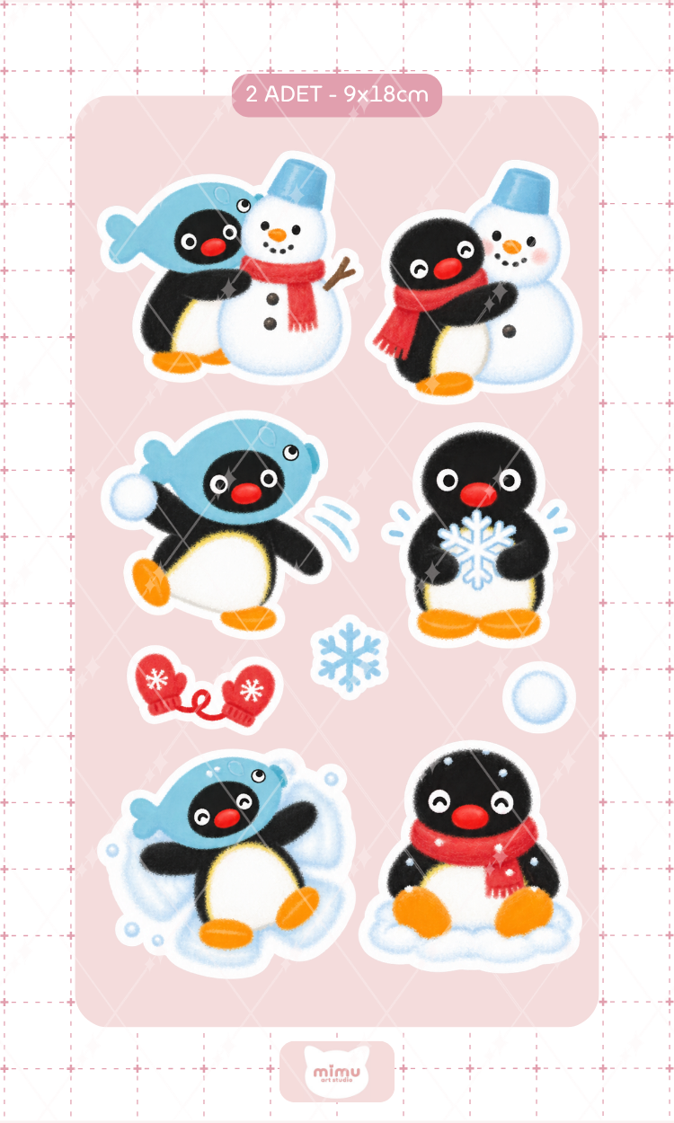Pingu Karlı Kış Günleri Sticker Seti Kardan Adam ve Kar Temalı Dekoratif Etiket 2 Adet