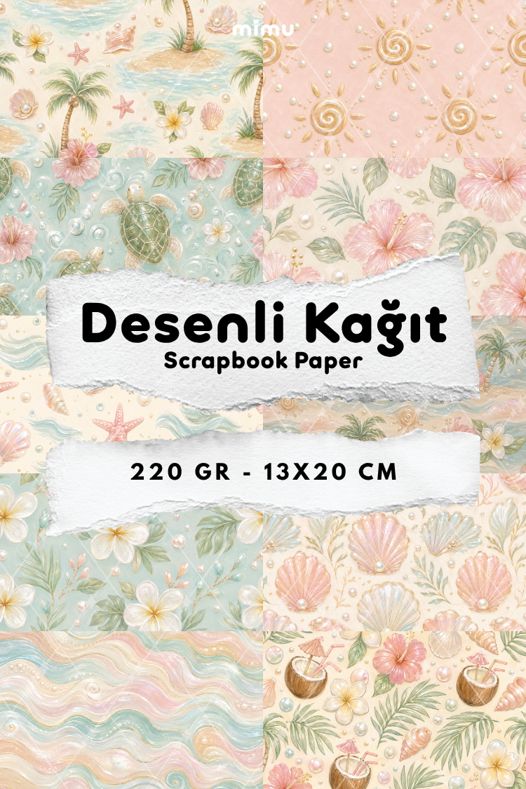 Tropikal Plaj Deniz Kaplumbağası Hibiskus Desenli Kağıt Seti Scrapbook Kağıdı (220 gr) Ajanda Günlük Kolaj Junk Journal Bullet Journal Kağıtları
