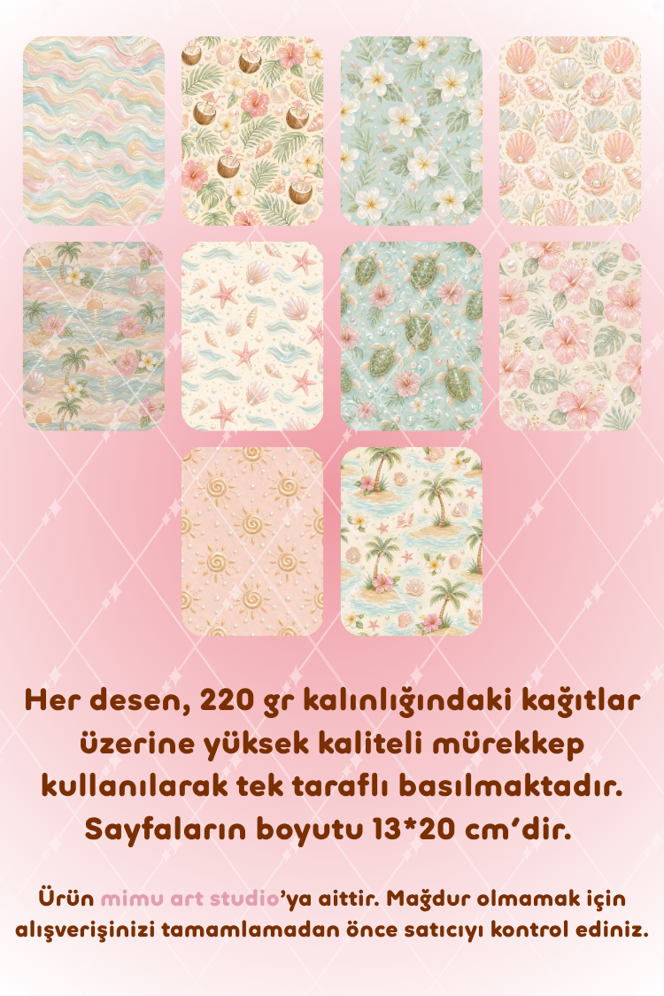 Tropikal Plaj Deniz Kaplumbağası Hibiskus Desenli Kağıt Seti Scrapbook Kağıdı (220 gr) Ajanda Günlük Kolaj Junk Journal Bullet Journal Kağıtları