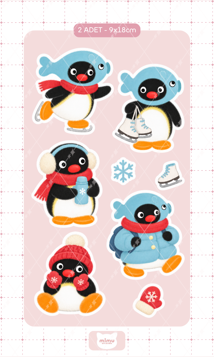 Pingu Kış Kombinleri Sticker Seti Bere ve Atkı Temalı Dekoratif Etiket 2 Adet