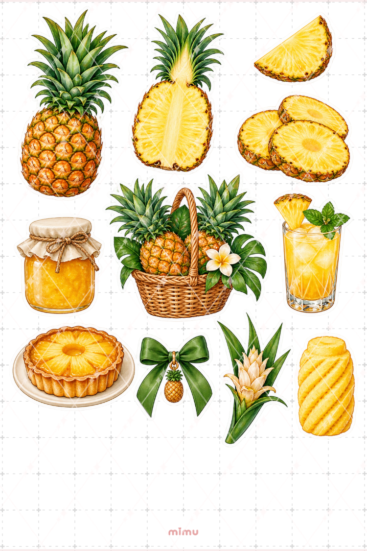 Ananas Pineapple Sticker Seti Tropikal Meyve Temalı Dekoratif 2'li Etiket