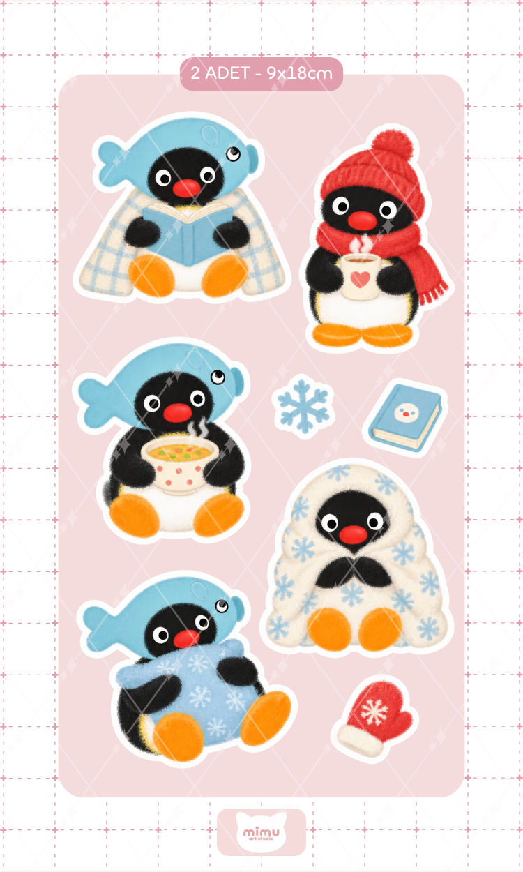 Pingu Soğuk Kış Günleri Sticker Seti Bere ve Kışlık Kıyafet Temalı Dekoratif Etiket 2 Adet