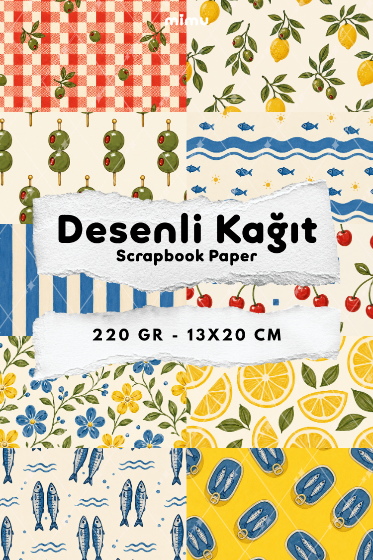 Sardalya Limon Zeytin Kiraz Akdeniz Desenli Kağıt Seti Scrapbook Kağıdı (220 gr) Ajanda Günlük Kolaj Junk Journal Bullet Journal Kağıtları