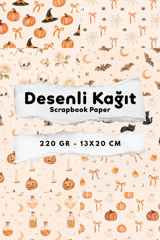 Turuncu Cadılar Bayramı Balkabağı Fiyonk Hayalet Desenli Kağıt Seti Scrapbook Kağıdı (220 gr) Ajanda Günlük Kolaj Junk Journal Bullet Journal Kağıtları