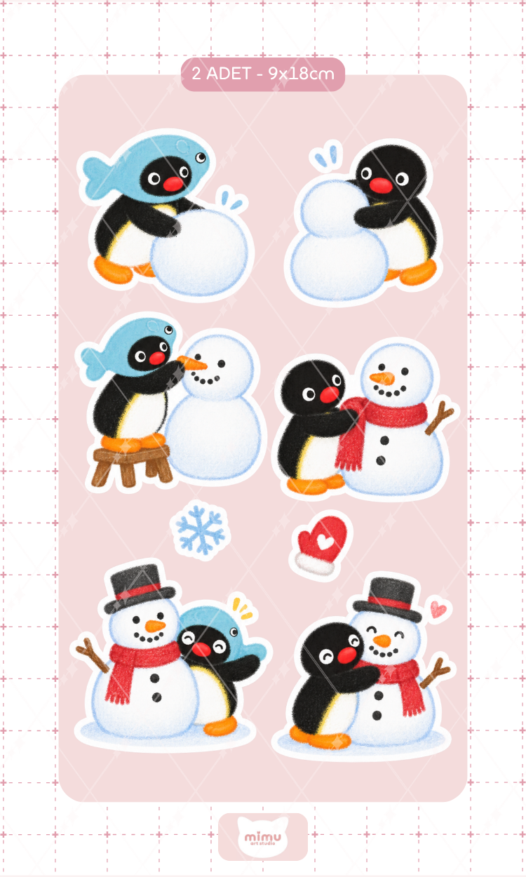 Pingu Kardan Adam Yapıyor Sticker Seti Kış Temalı Dekoratif Etiket 2 Adet