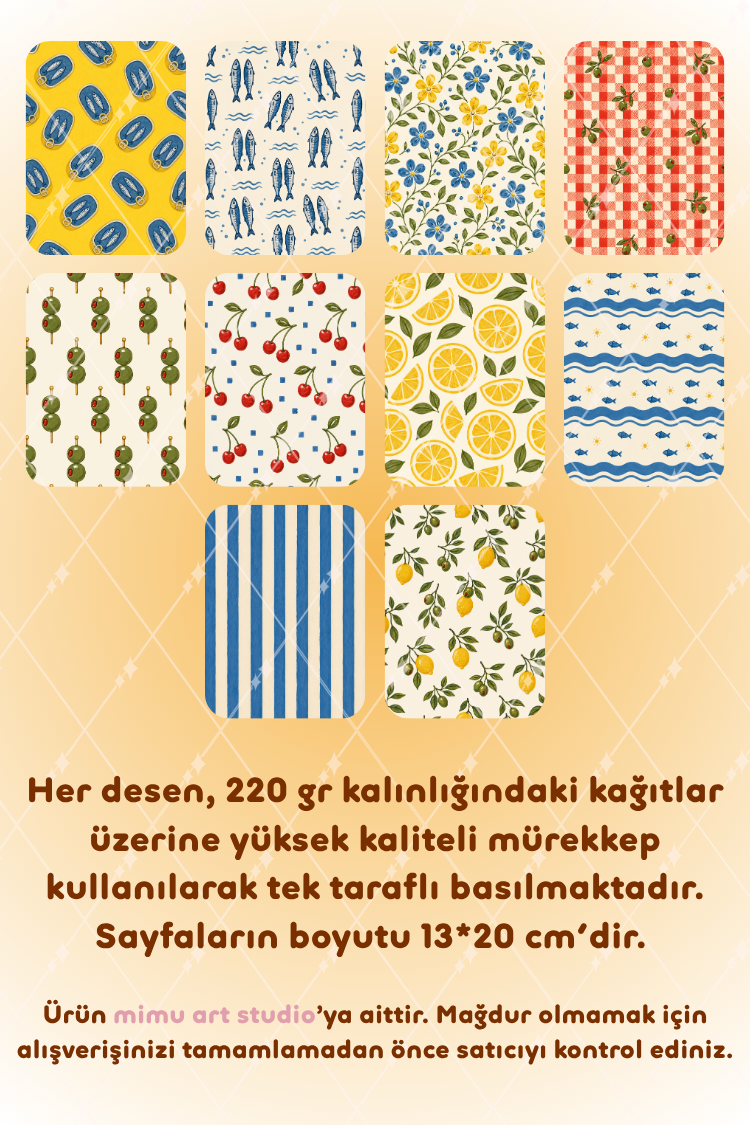 Sardalya Limon Zeytin Kiraz Akdeniz Desenli Kağıt Seti Scrapbook Kağıdı (220 gr) Ajanda Günlük Kolaj Junk Journal Bullet Journal Kağıtları