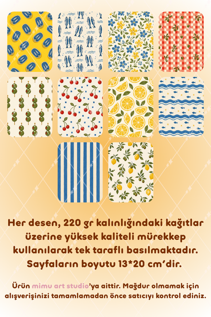 Sardalya Limon Zeytin Kiraz Akdeniz Desenli Kağıt Seti Scrapbook Kağıdı (220 gr) Ajanda Günlük Kolaj Junk Journal Bullet Journal Kağıtları