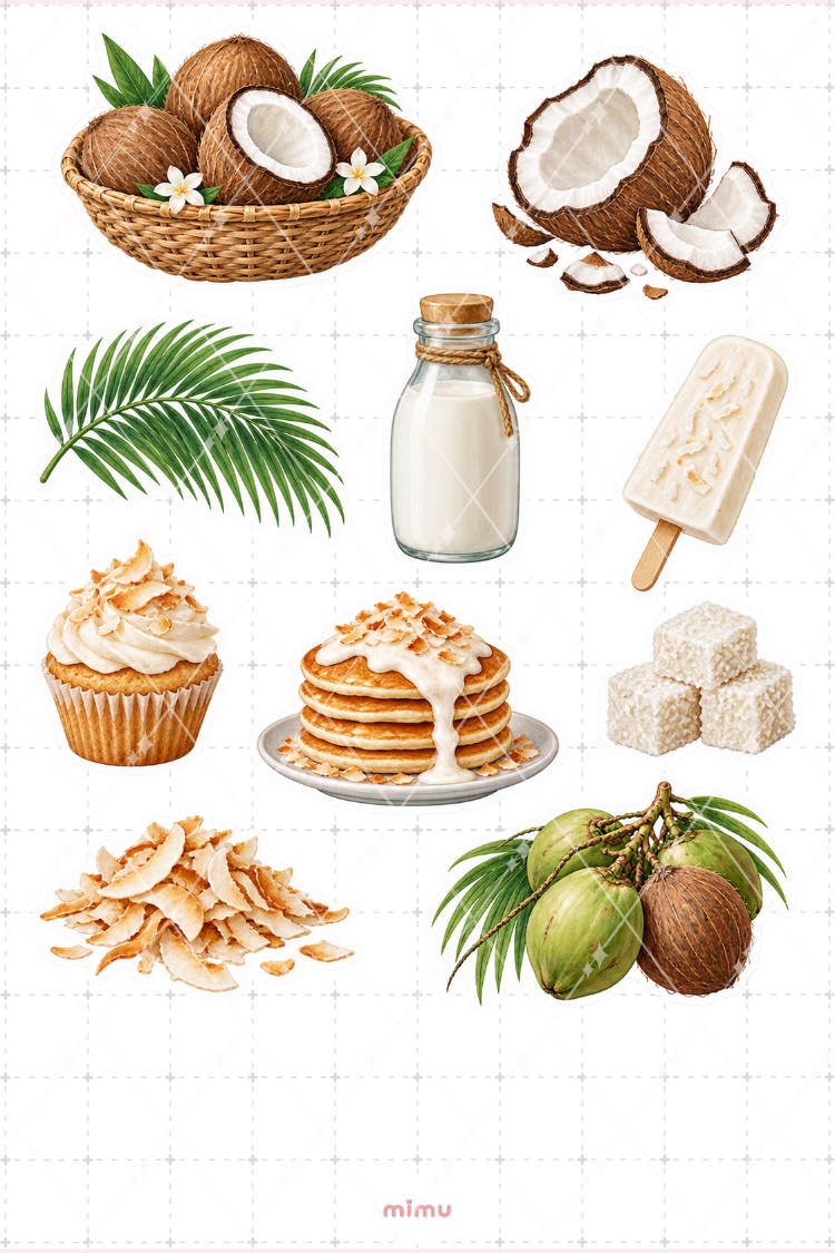 Hindistan Cevizi Coconut Sticker Seti Tropikal Meyve Temalı Dekoratif 2'li Etiket