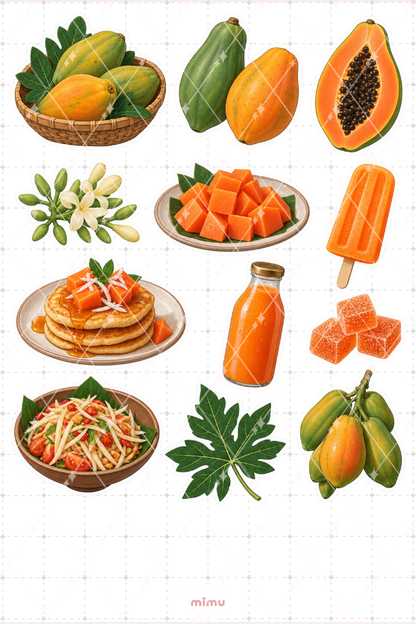 Papaya Sticker Seti Tropikal Meyve Temalı Dekoratif 2'li Etiket