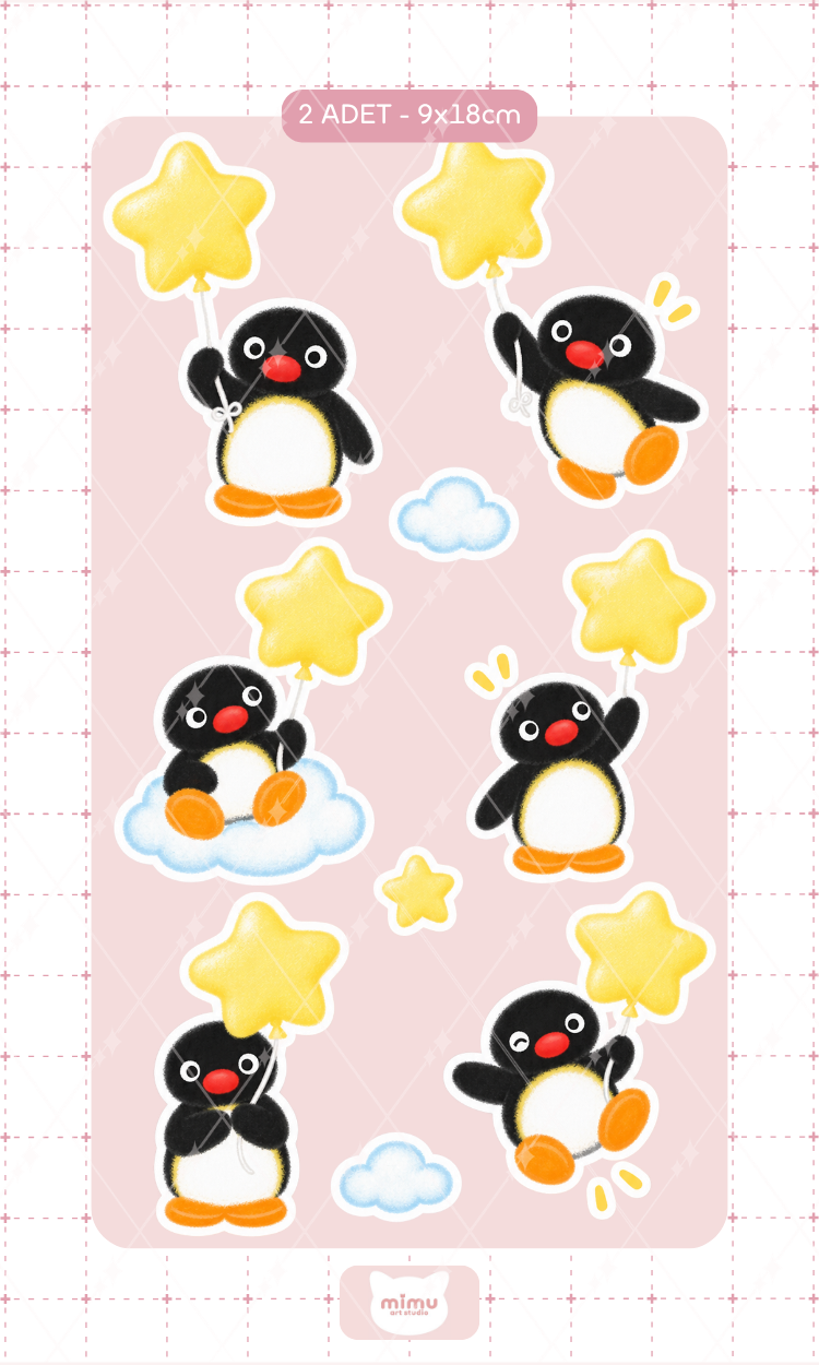 Pingu Yıldızlı Gece Sticker Seti Sevimli Penguen ve Yıldız Temalı Dekoratif Etiket 2 Adet