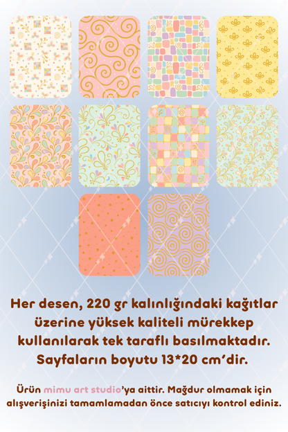 Pastel Mozaik Spiral Çiçek Desenli Kağıt Seti Scrapbook Kağıdı (220 gr) Ajanda Günlük Kolaj Junk Journal Bullet Journal Kağıtları