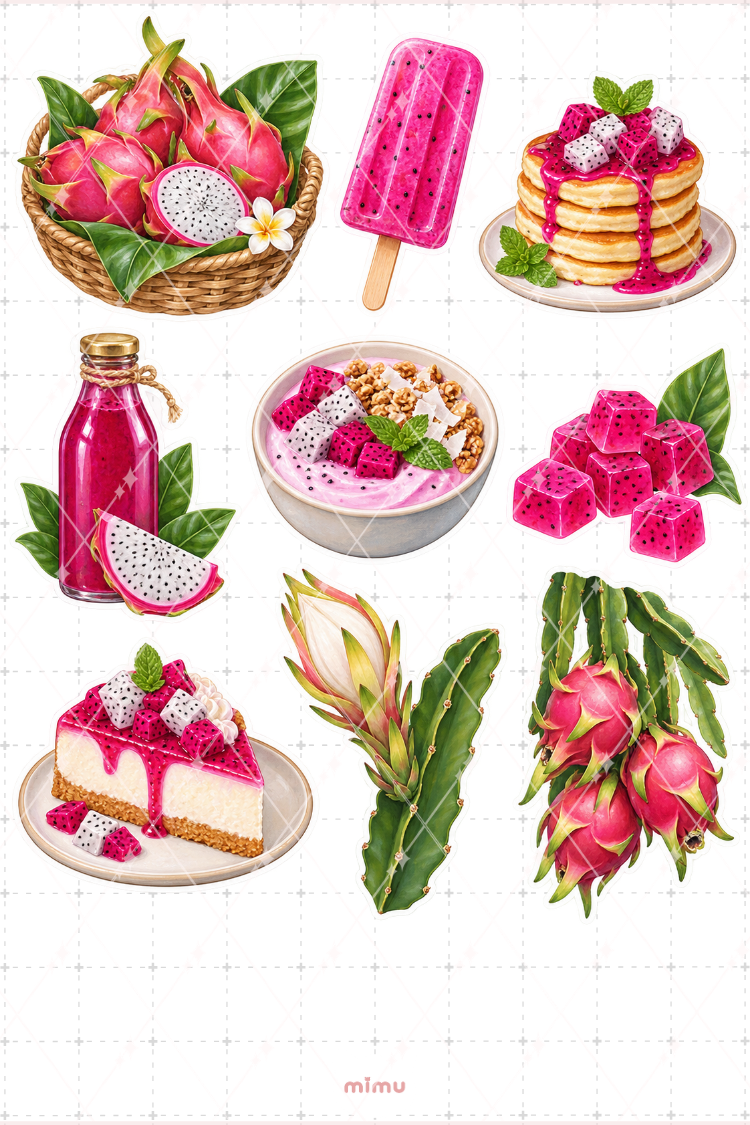 Ejder Meyvesi Dragon Fruit Sticker Seti Tropikal Meyve Temalı Dekoratif 2'li Etiket