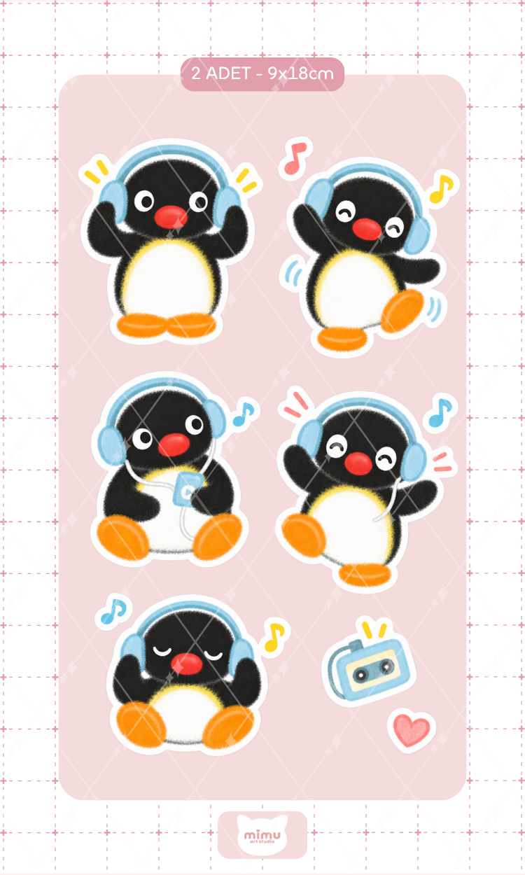 Pingu Müzik Dinliyor Sticker Seti Kulaklık Temalı Penguen Dekoratif Etiket 2 Adet