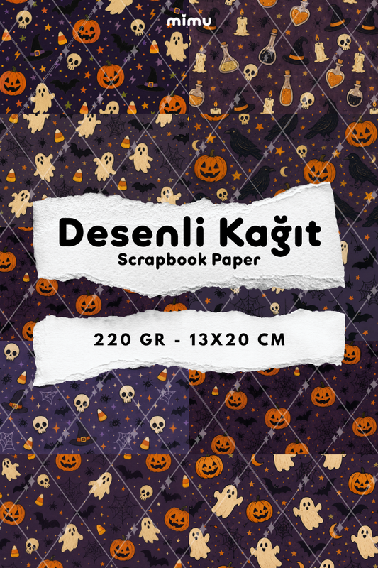 Mor Cadılar Bayramı Balkabağı Hayalet Kafatası Desenli Kağıt Seti Scrapbook Kağıdı (220 gr) Ajanda Günlük Kolaj Junk Journal Bullet Journal Kağıtları