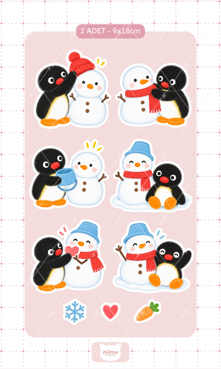 Pingu Kardan Adam Arkadaşları Sticker Seti Karlı Kış Temalı Dekoratif Etiket 2 Adet