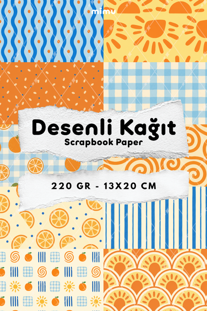 Portakal Güneş Ekose Çizgi Spiral Desenli Kağıt Seti Scrapbook Kağıdı (220 gr) Ajanda Günlük Kolaj Junk Journal Bullet Journal Kağıtları