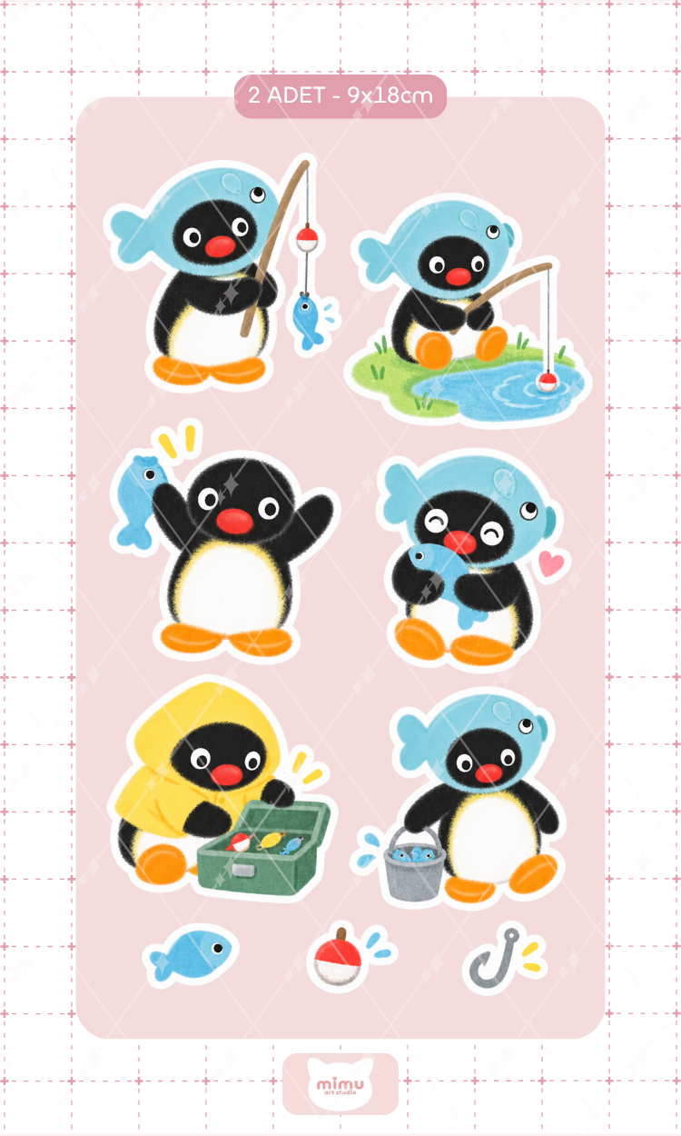 Pingu Balık Tutma Günü Sticker Seti Balıkçılık Temalı Penguen Dekoratif Etiket 2 Adet