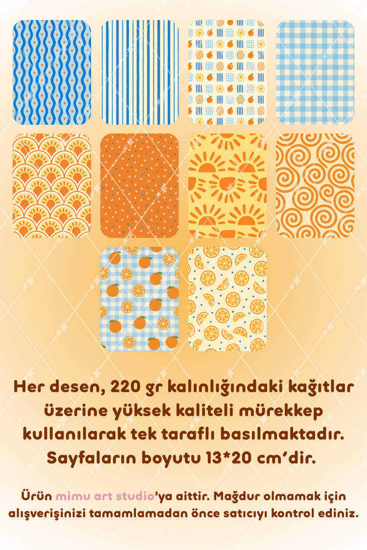 Portakal Güneş Ekose Çizgi Spiral Desenli Kağıt Seti Scrapbook Kağıdı (220 gr) Ajanda Günlük Kolaj Junk Journal Bullet Journal Kağıtları