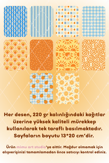 Portakal Güneş Ekose Çizgi Spiral Desenli Kağıt Seti Scrapbook Kağıdı (220 gr) Ajanda Günlük Kolaj Junk Journal Bullet Journal Kağıtları