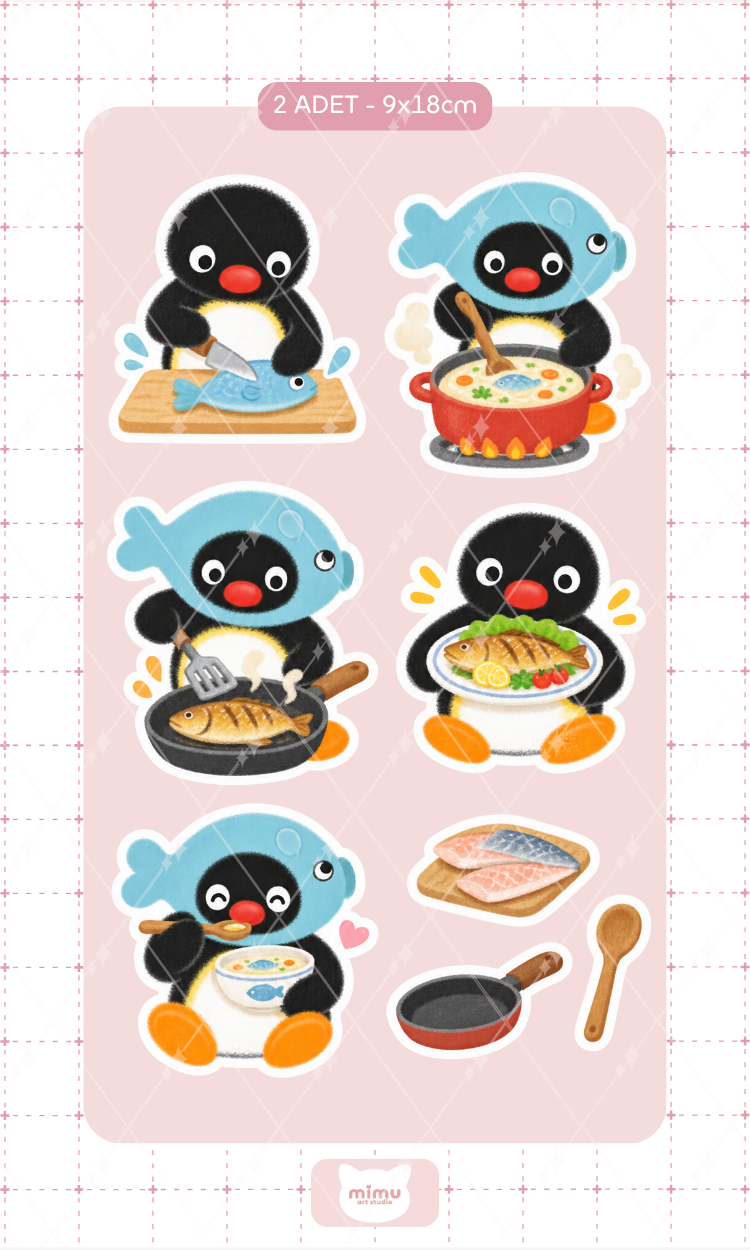 Pingu Balık Pişiriyor Sticker Seti Yemek Yapma Temalı Penguen Dekoratif Etiket 2 Adet