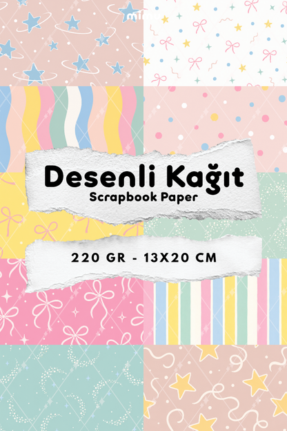 Pastel Fiyonk Yıldız Dalga Desenli Kağıt Seti Scrapbook Kağıdı (220 gr) Ajanda Günlük Kolaj Junk Journal Bullet Journal Kağıtları
