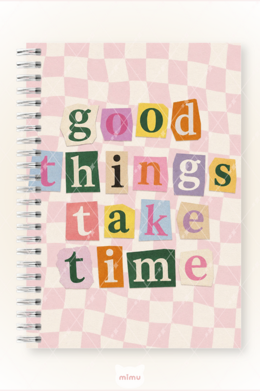 Good Things Take Time Pembe Dama Desenli 60 Yaprak Çizgisiz Okul Defteri A5 Spiralli Not Defteri