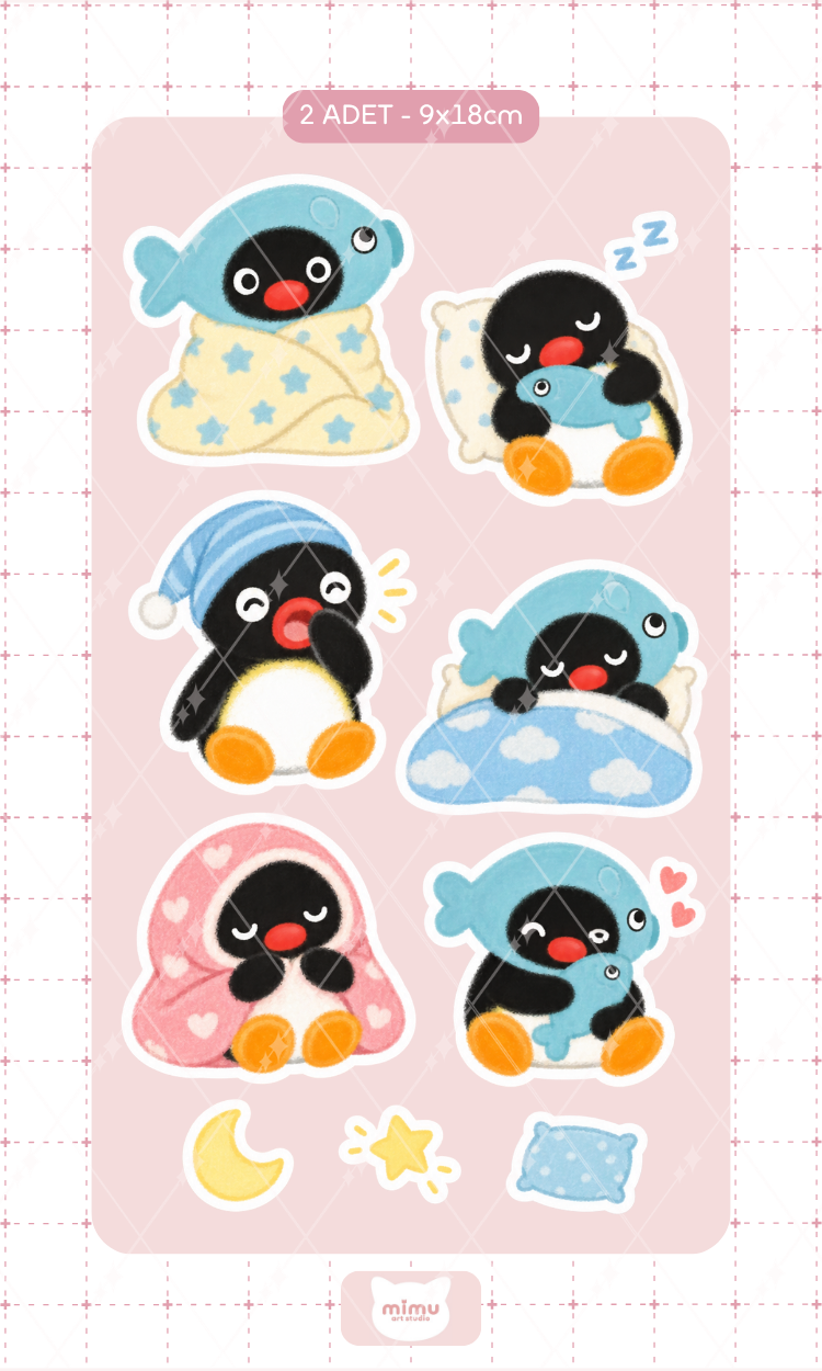 Pingu Uykulu Günler Sticker Seti Battaniye ve Uyku Temalı Dekoratif Etiket 2 Adet