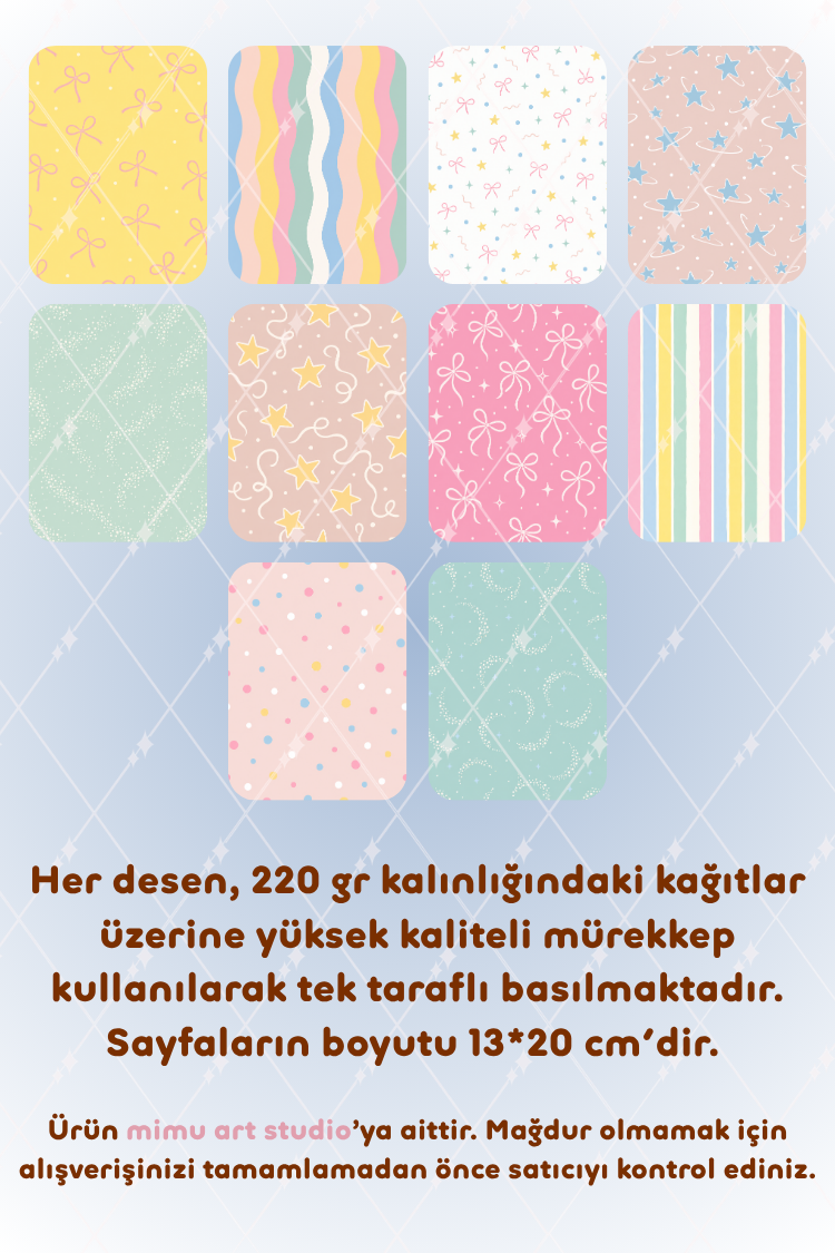 Pastel Fiyonk Yıldız Dalga Desenli Kağıt Seti Scrapbook Kağıdı (220 gr) Ajanda Günlük Kolaj Junk Journal Bullet Journal Kağıtları