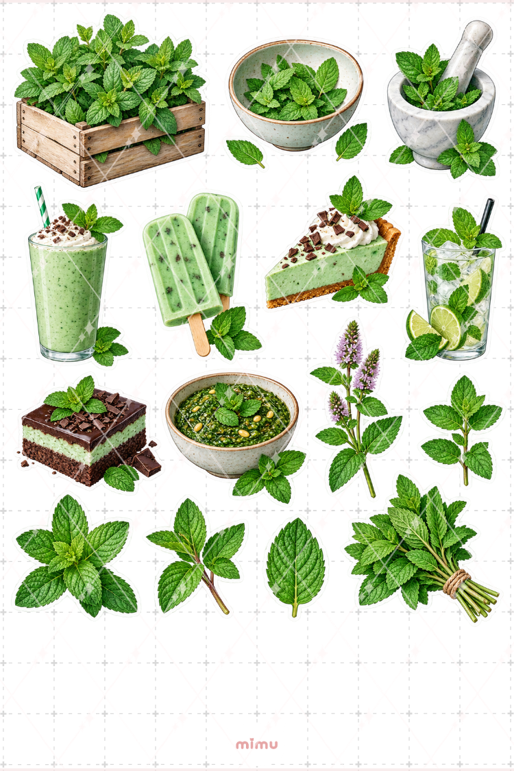 Nane Mint Sticker Seti Aromatik Bitki Botanik Temalı Dekoratif 2'li Etiket