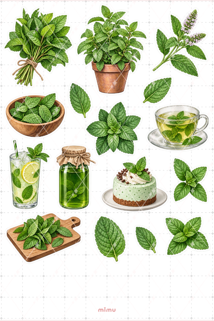 Nane Mint Sticker Seti Aromatik Bitki Botanik Temalı Dekoratif 2'li Etiket - 2