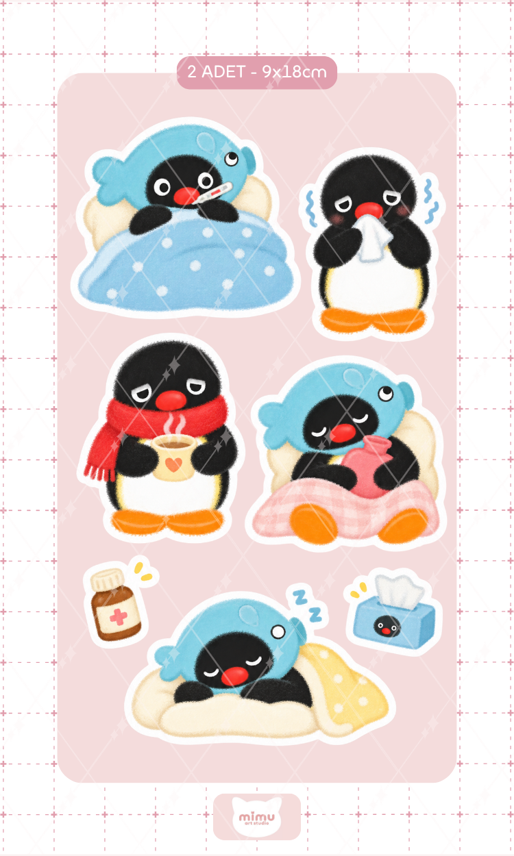 Pingu Hasta ve Dinlenme Günü Sticker Seti Cozy Penguen Temalı Dekoratif Etiket 2 Adet