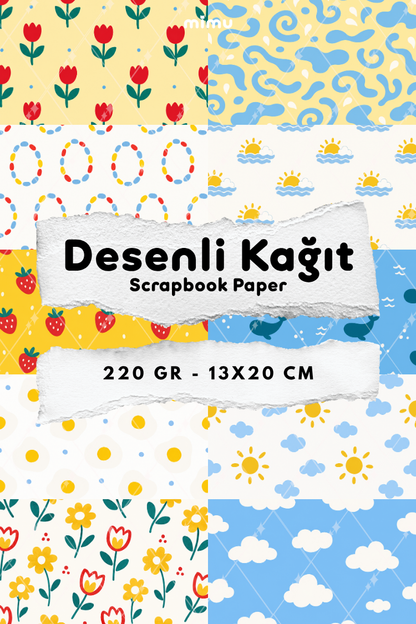 Balina Bulut Güneş Çilek Lale Desenli Kağıt Seti Scrapbook Kağıdı (220 gr) Ajanda Günlük Kolaj Junk Journal Bullet Journal Kağıtları